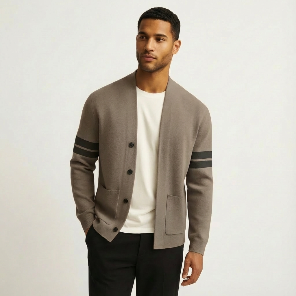 Versatile men's button-front cardigan with stylish striped sleeves, a key piece for men's fashion.