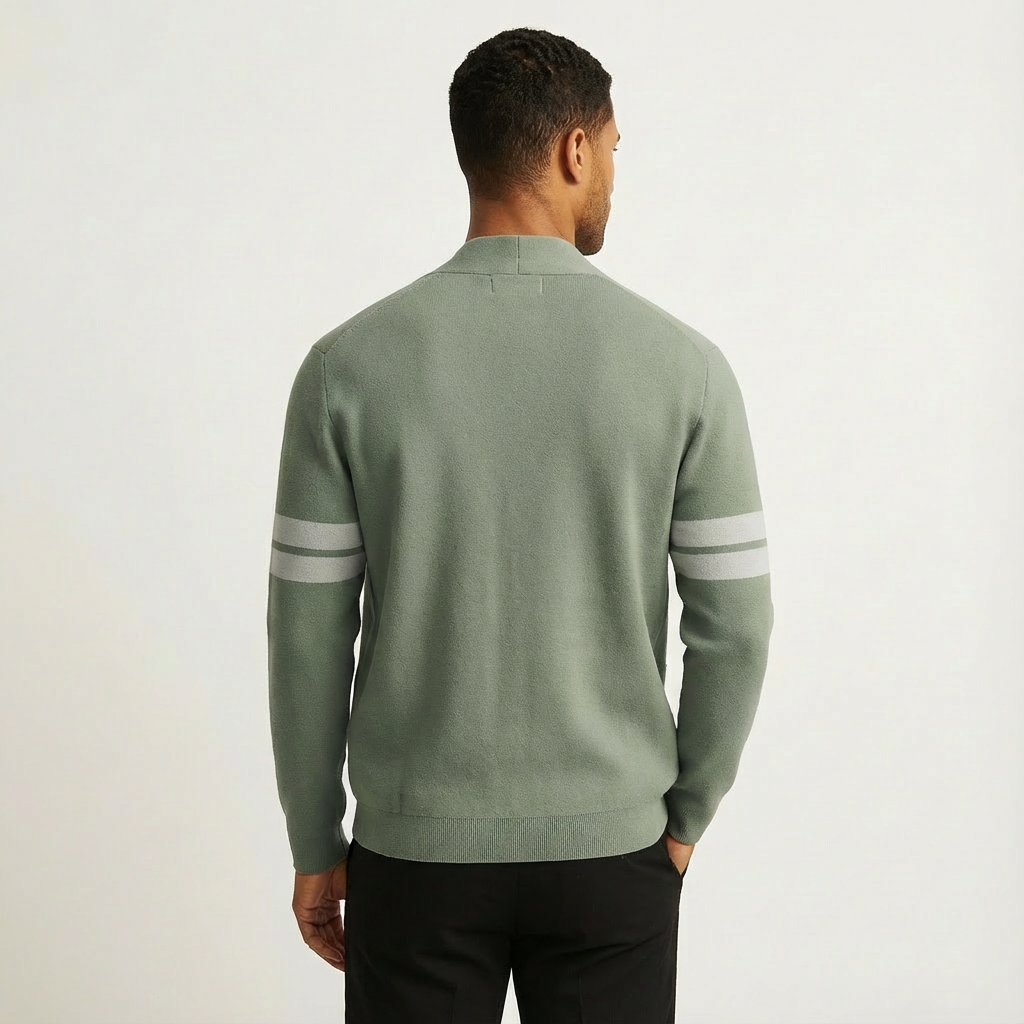 Stylish men's button-front cardigan, black with white striped sleeves, ideal for autumn winter fashion.