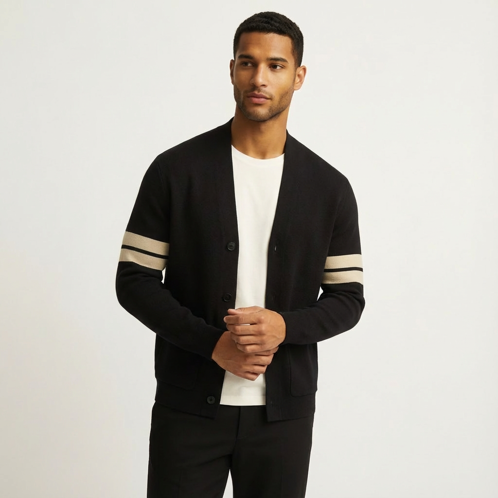 Fashionable men's cardigan sweater. Ribbed knit, button-front, and cool striped sleeves for smart casual look.