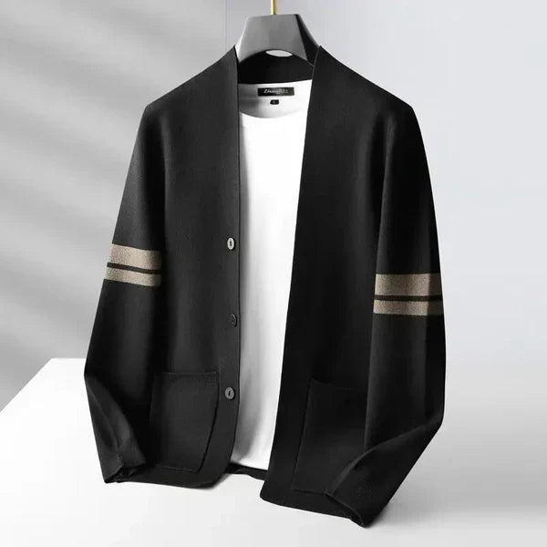 Cozy men's knitwear cardigan, ideal for winter. Features a button-front and stylish striped sleeve detail.