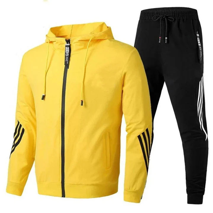 Comfortable men's casual tracksuit with a sleek zip-up jacket & soft joggers, great for everyday wear in spring.