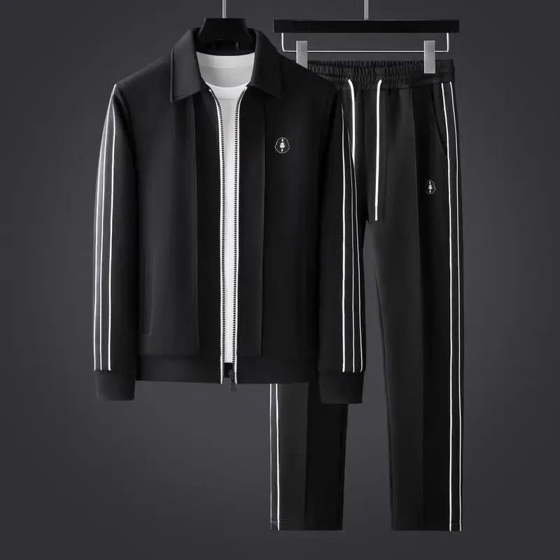 Men's sporty zip-up tracksuit set with joggers in black, ideal for activewear & casual comfort.