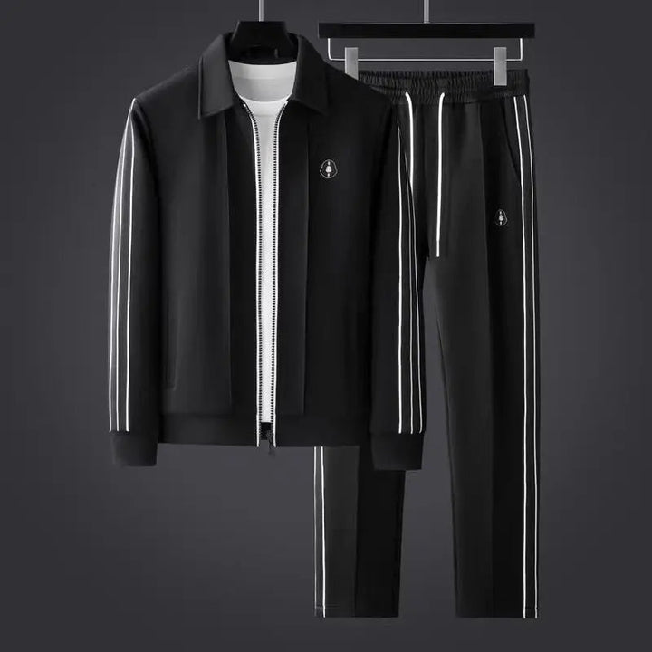 Men's sporty zip-up tracksuit set with joggers in black, ideal for activewear & casual comfort.
