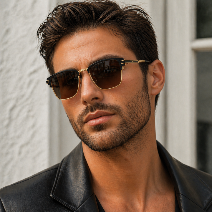 Men's square frame sunglasses with metal trim and dark lenses, offering modern style & UV protection.
