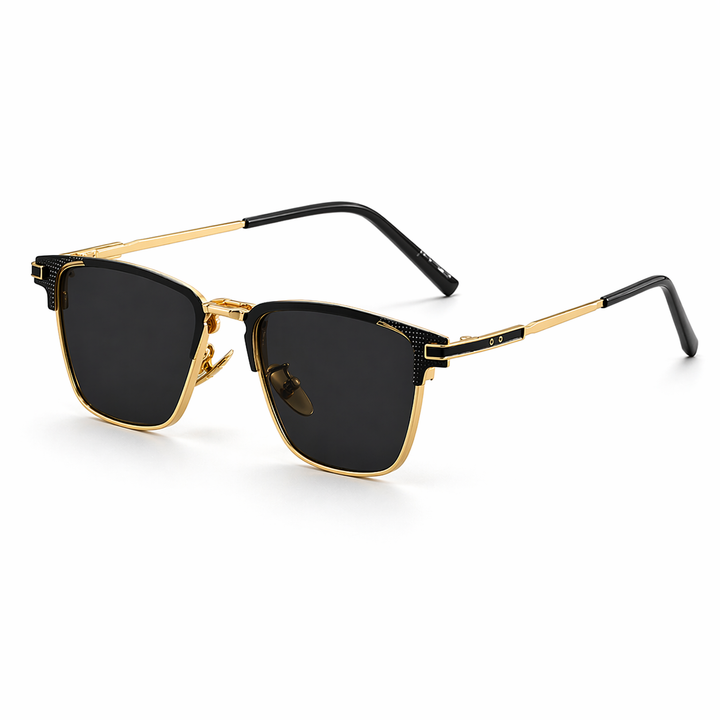 Stylish men's square frame sunglasses, featuring sleek metal trim & dark UV protective lenses. Fashion accessory.