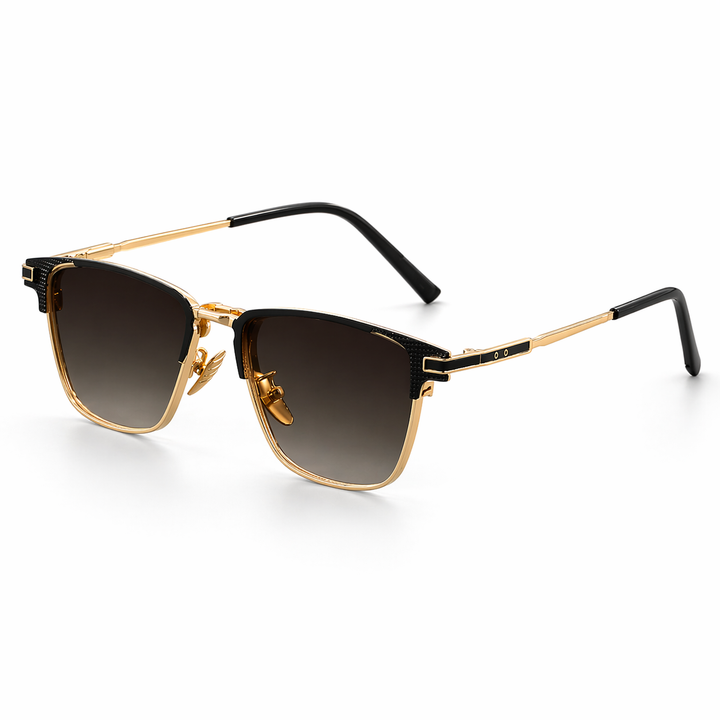Modern men's square frame sunglasses. Dark lenses provide UV protection, complemented by elegant metal trim.