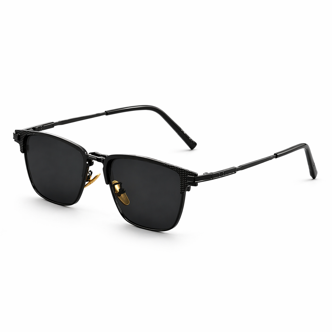 Close-up of men's square frame sunglasses with sophisticated metal trim and dark, protective lenses for eyewear.