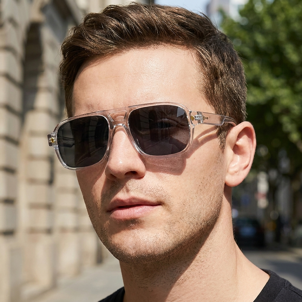 Men's square frame sunglasses with modern style. Tinted lenses offer sun protection and a fashion accessory.
