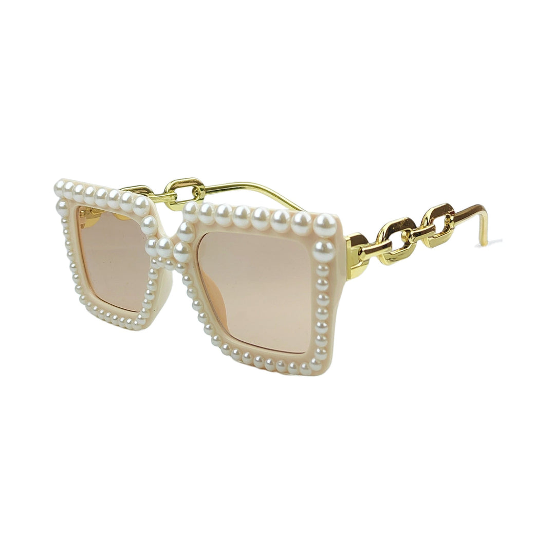Stylish men's eyewear featuring a decorative frame, pearl accents, and a chic gold chain.