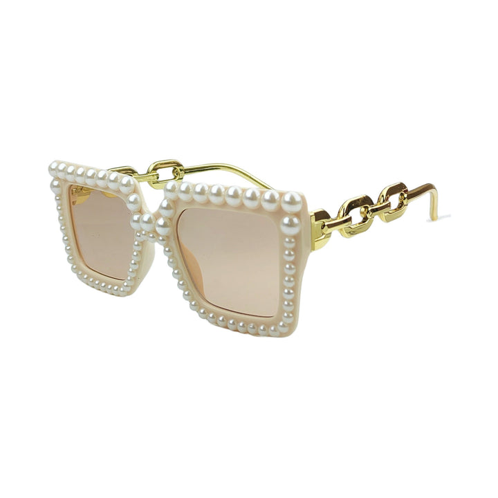 Stylish men's eyewear featuring a decorative frame, pearl accents, and a chic gold chain.