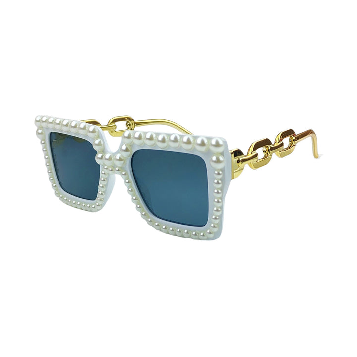 Men's statement piece sunglasses: square frame, pearl embellishments, decorative gold chain.