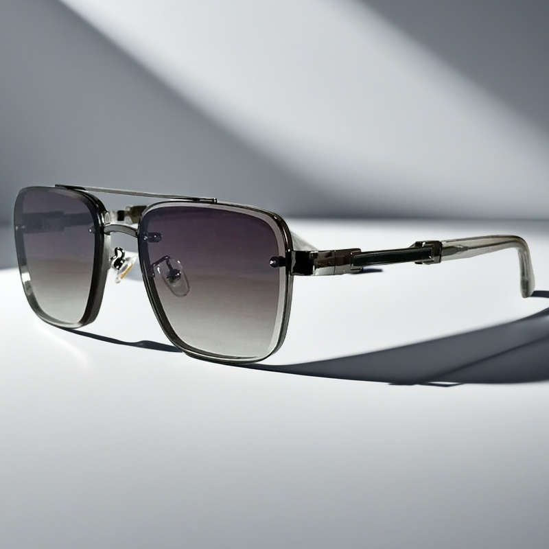 Lightweight men's squared frame sunglasses with gold frame, gradient lenses. Modern summer look eyewear.