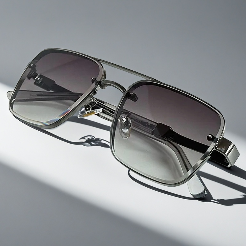 Contemporary men's squared frame summer sunglasses. Features a bold gold frame and cool gradient lenses.