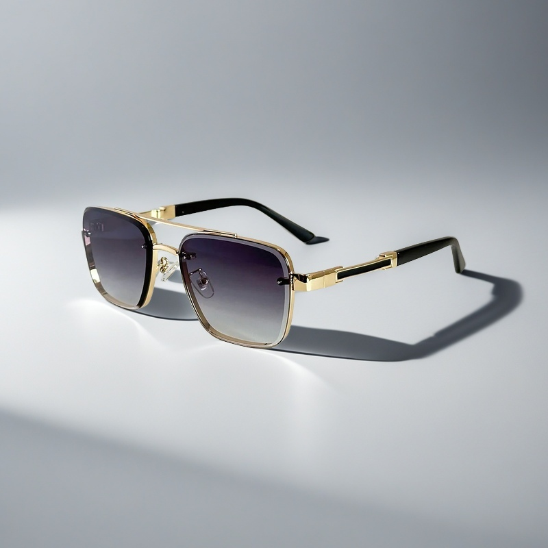 Squared frame men's sunglasses, stylish gold frame, gradient lenses. Ideal modern summer eyewear accessory.