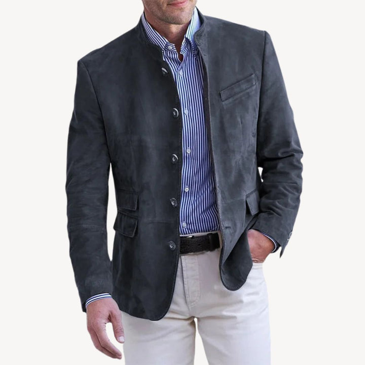 Men's stand collar blazer jacket, versatile for formal or casual wear. Modern button-up style for men's fashion.
