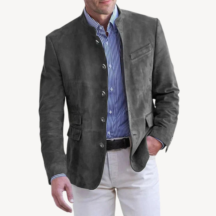 Men's modern stand collar blazer jacket. A versatile button-up men's outerwear for a sleek, stylish look.