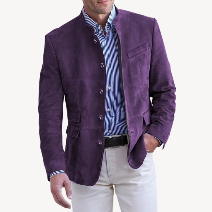 Stylish men's stand collar blazer jacket with button-up closure. A modern & versatile piece of men's fashion outerwear.