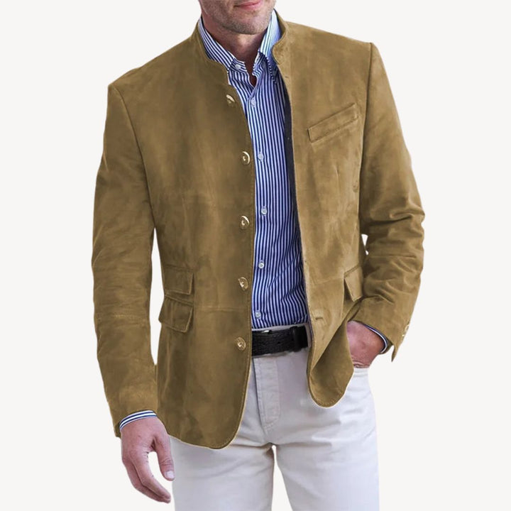 Modern men's stand collar blazer jacket. An elegant and versatile men's outerwear piece for sophisticated style.
