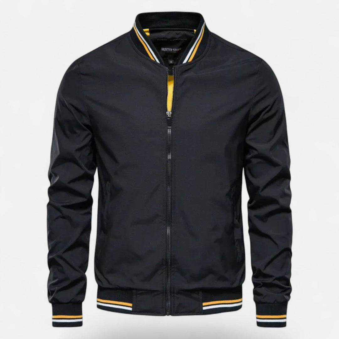 Men's stand-collar non-iron casual jacket in black. Perfect for autumn & winter.