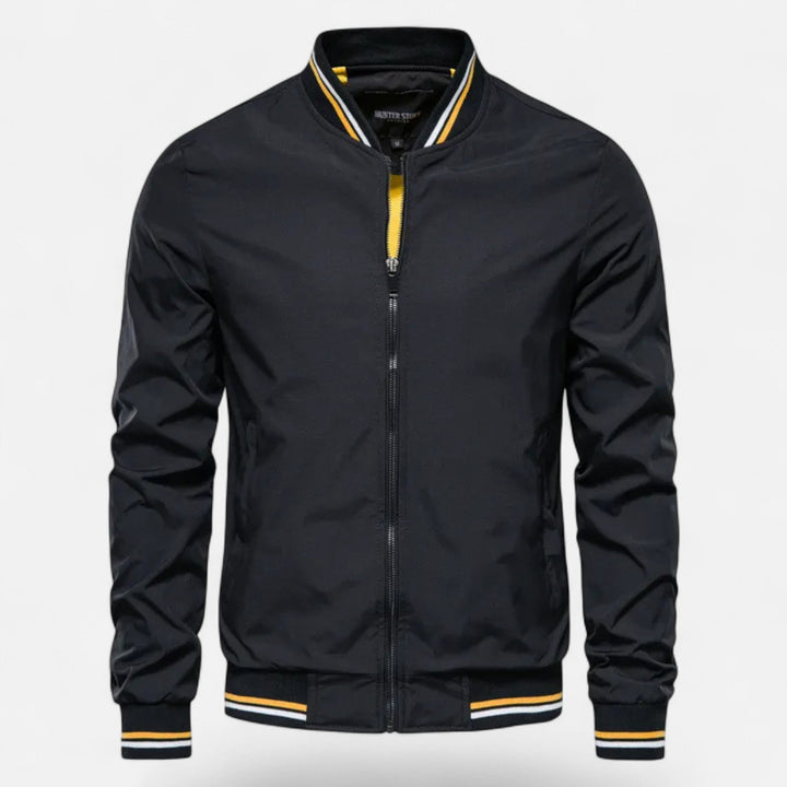Men's stand-collar non-iron casual jacket in black. Perfect for autumn & winter.