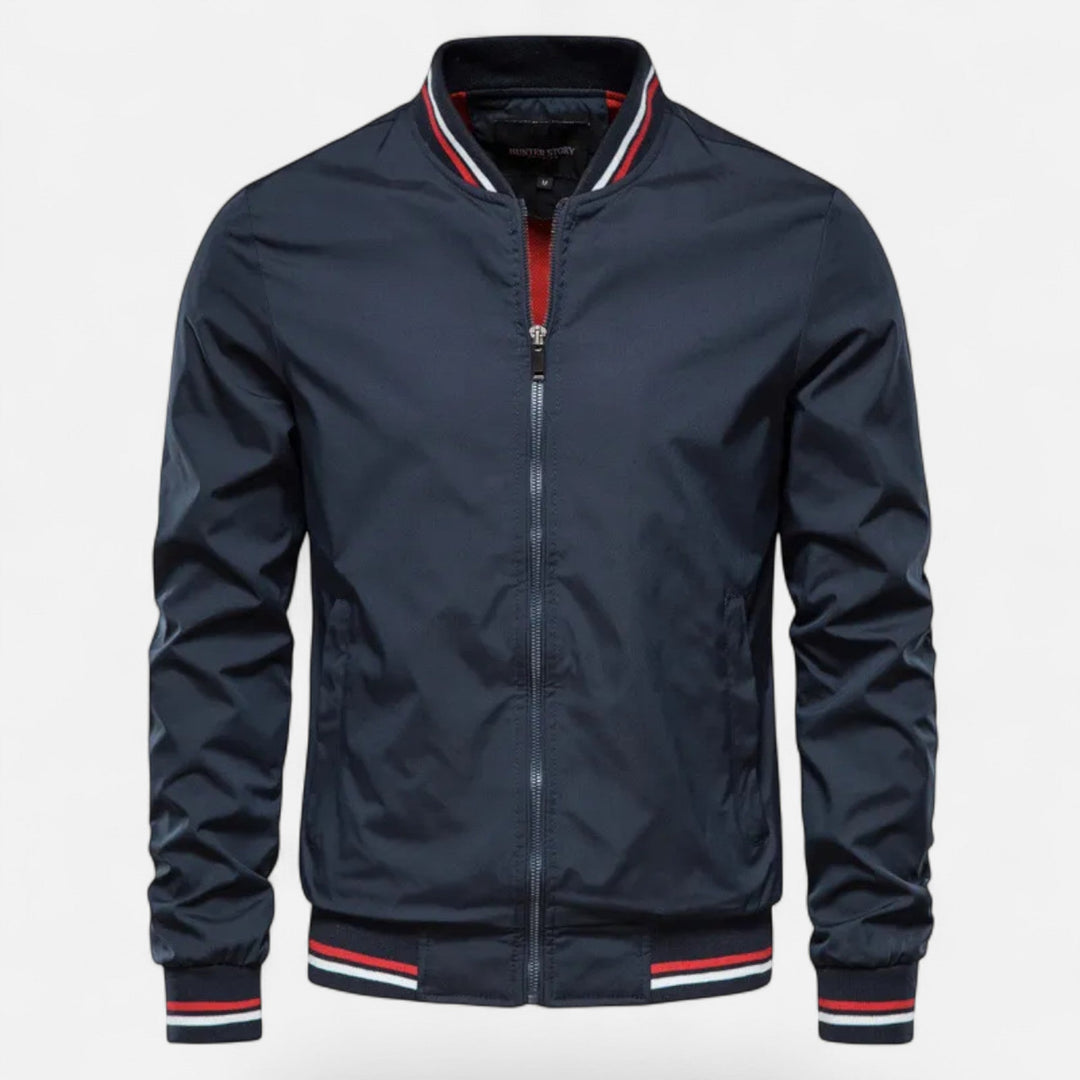 Navy men's stand-collar casual jacket. Non-iron design for comfortable autumn and winter wear.