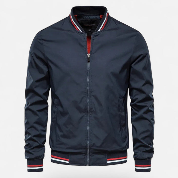 Navy men's stand-collar casual jacket. Non-iron design for comfortable autumn and winter wear.