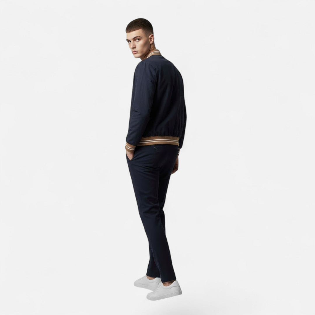Green men's non-iron stand-collar jacket. Zip-front, easy care & stylish for casual outings.
