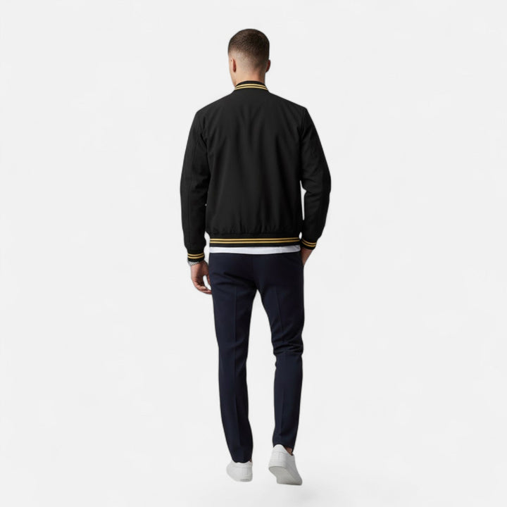 Black men's non-iron casual jacket. Versatile stand-collar outerwear for fall & winter.