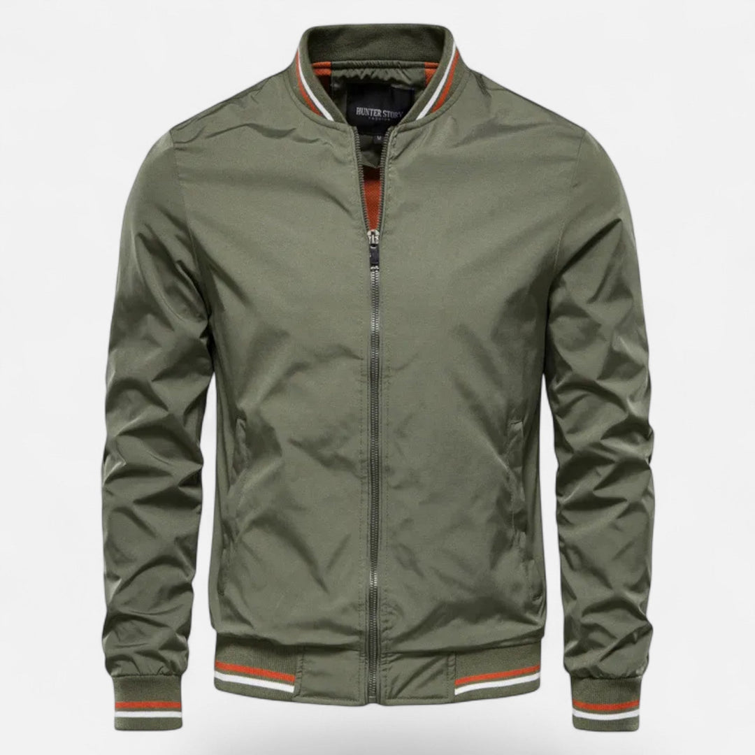 Easy-care non-iron men's stand-collar jacket in navy. Comfortable & stylish fall outerwear.