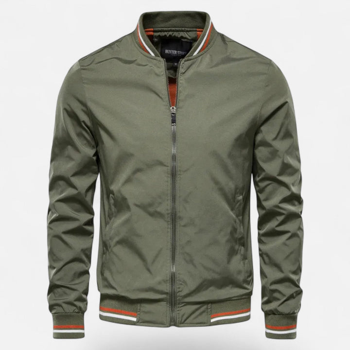 Easy-care non-iron men's stand-collar jacket in navy. Comfortable & stylish fall outerwear.