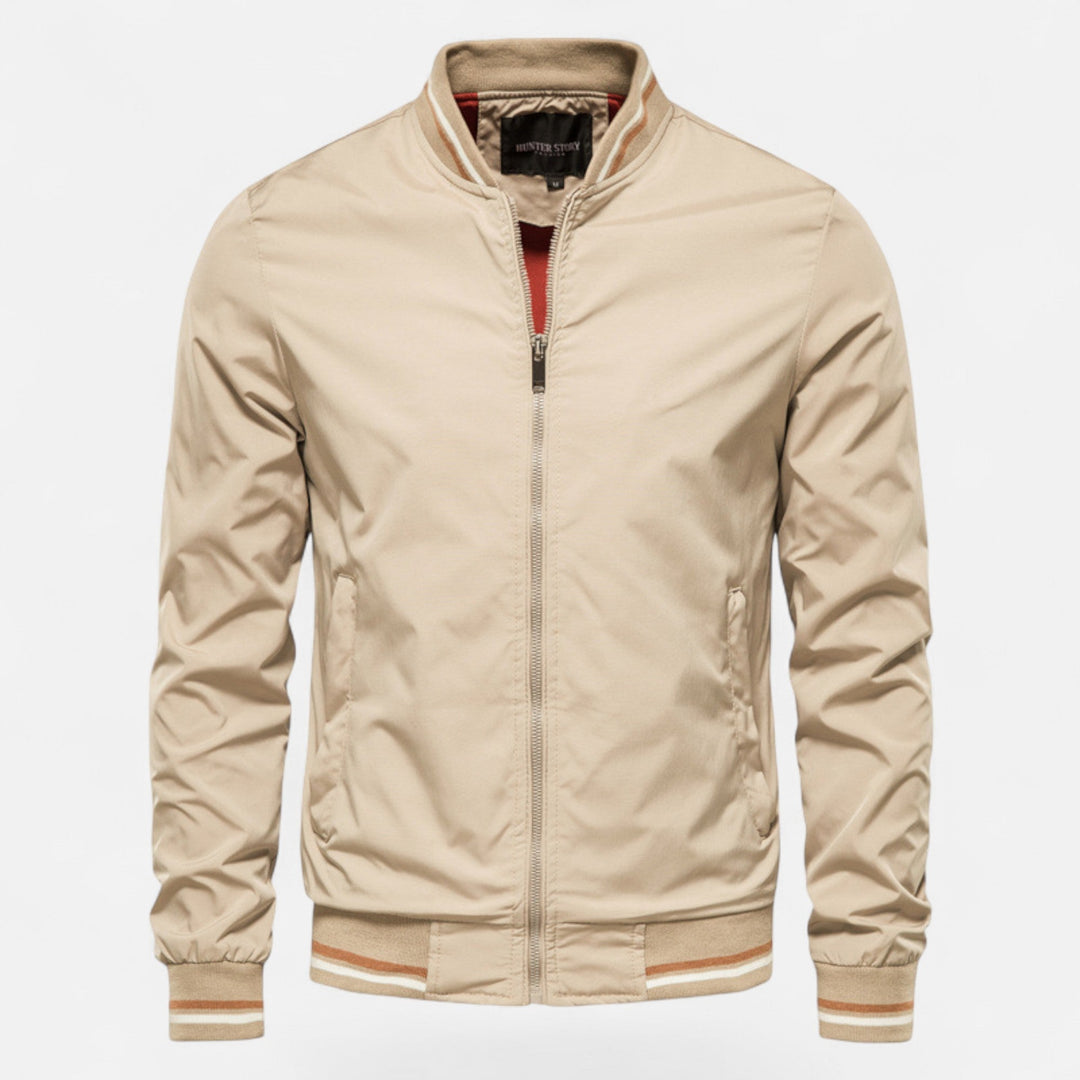 Smart men's non-iron jacket. Stand collar, zip front, ideal casual outerwear for fall.