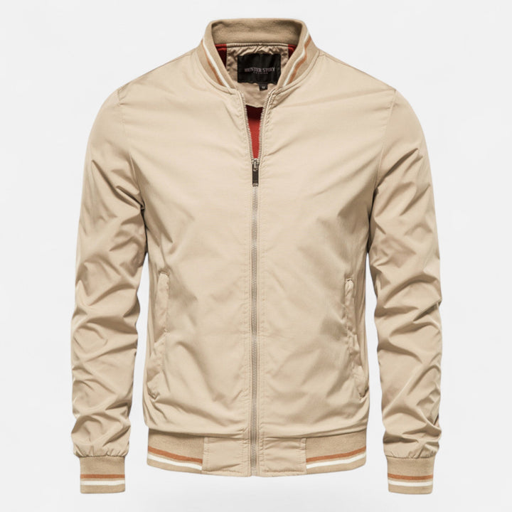 Smart men's non-iron jacket. Stand collar, zip front, ideal casual outerwear for fall.
