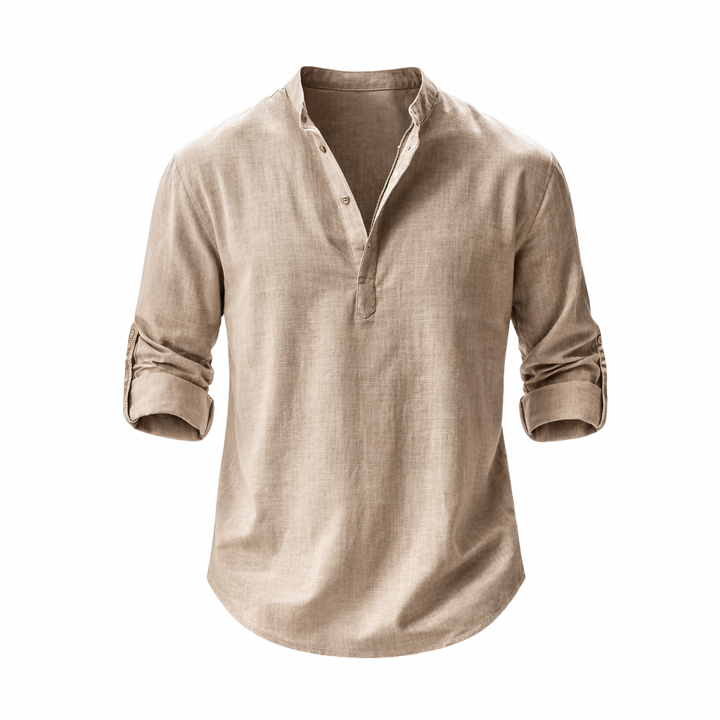 Men's stand collar roll sleeve casual shirt, perfect for summer resort wear and smart casual looks.