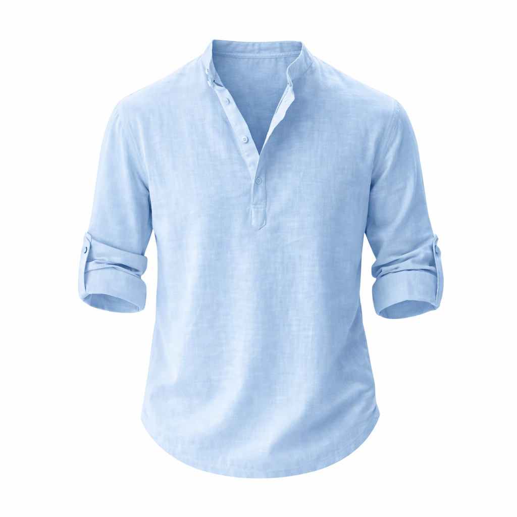 Comfortable men's casual shirt with a stand collar and roll sleeves. Ideal relaxed fit for summer fashion.