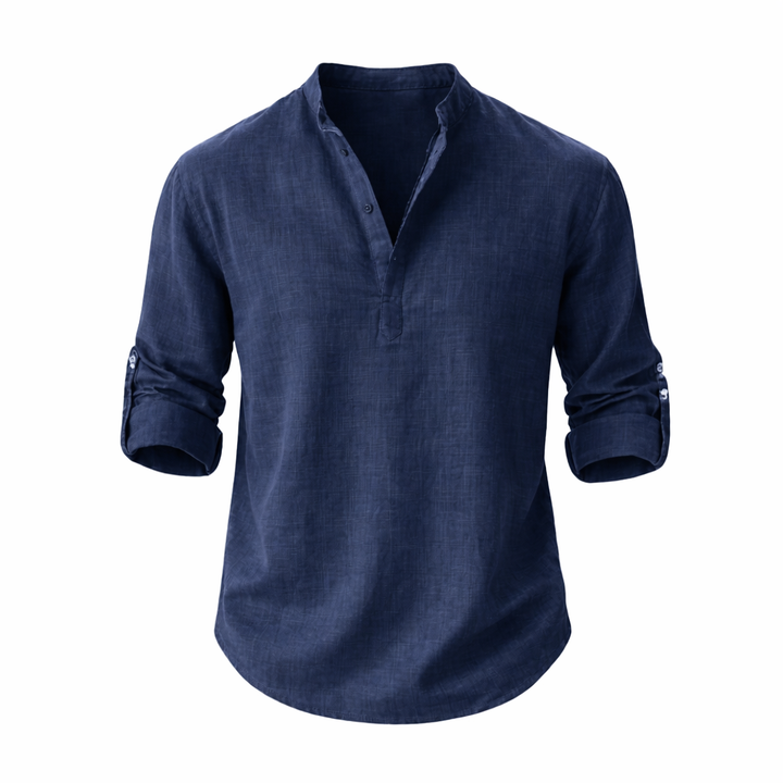 Versatile men's summer top: a stand collar casual shirt with roll sleeves, great for resort wear and smart casual.