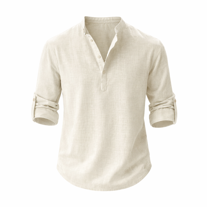 Stylish men's stand collar casual shirt featuring roll sleeves; a comfortable, relaxed fit for summer fashion.