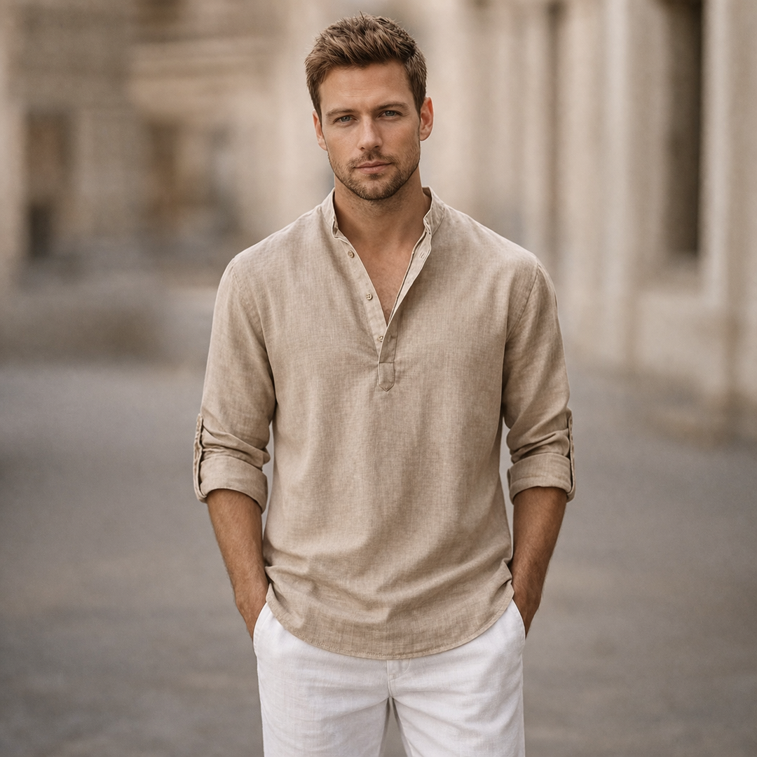 Men's smart casual stand collar shirt with roll sleeves. Comfortable and versatile, ideal for summer fashion.