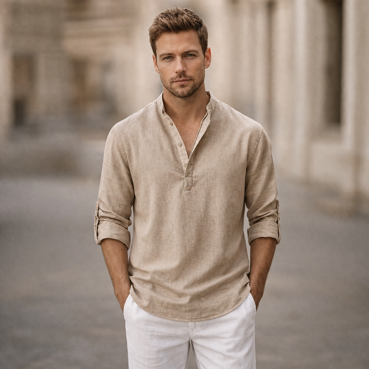 Men's smart casual stand collar shirt with roll sleeves. Comfortable and versatile, ideal for summer fashion.