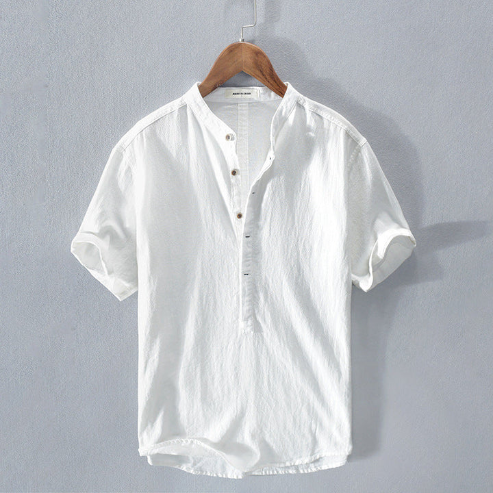 Men's stand collar short sleeve casual shirt, perfect for summer fashion, beach, and vacation wear. Button-up style.