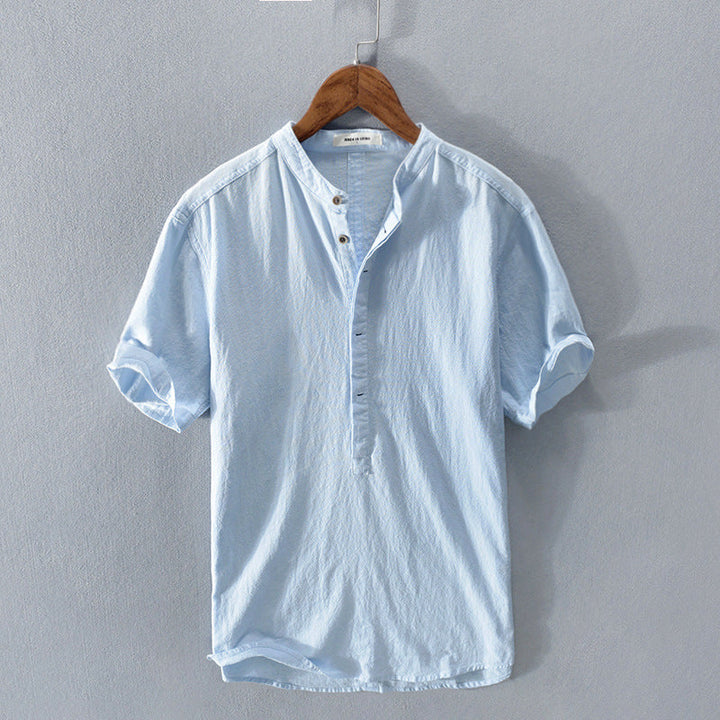 Stylish men's stand collar short sleeve shirt. Ideal smart casual summer top for men's fashion. Comfortable button-up.