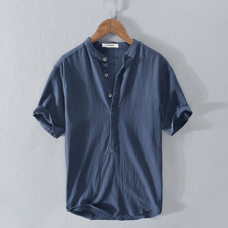 Lightweight men's short sleeve shirt with stand collar. A must-have casual summer top for vacation & beach wear.