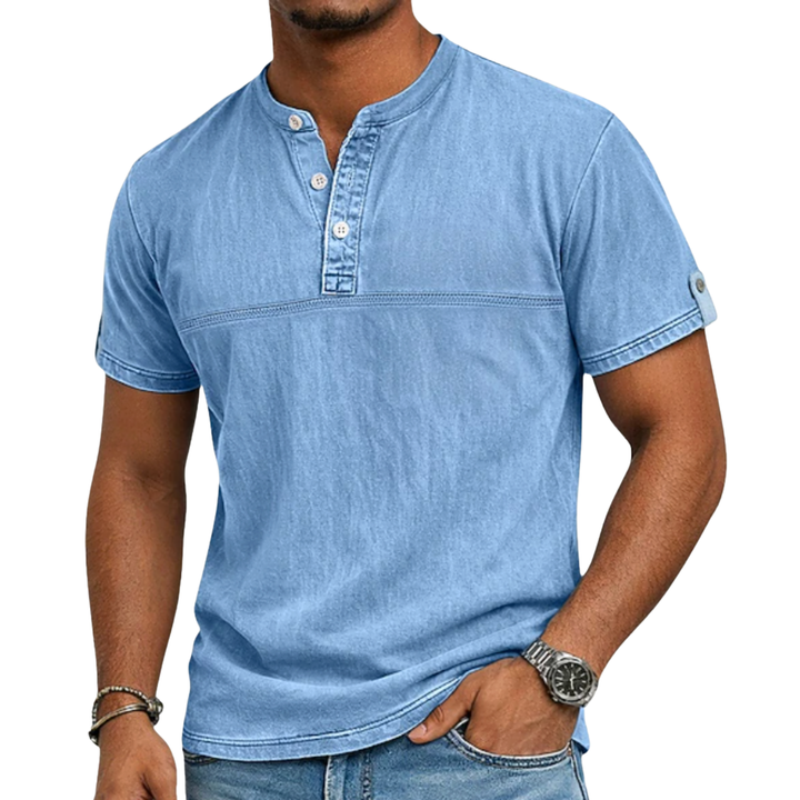 Men's stand collar short sleeve henley shirt, a comfortable & stylish casual wear for summer. Modern men's fashion.
