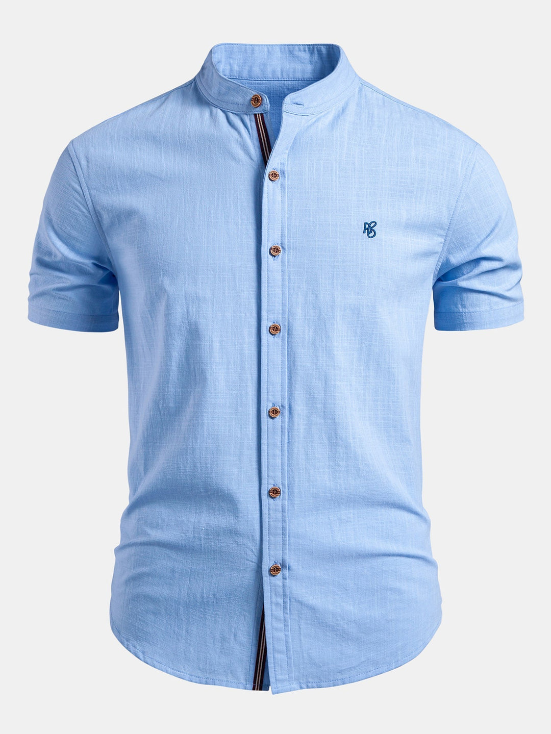 Men's stand collar short sleeve shirt, modern tailored fit for smart casual summer style.