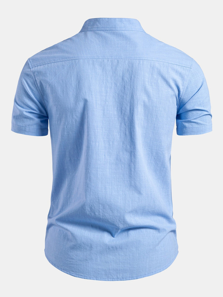 Tailored fit men's stand collar short sleeve shirt, minimal style perfect for modern everyday wear.