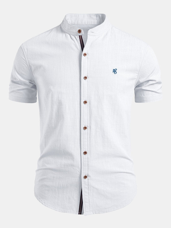 Lightweight men's stand collar short sleeve summer shirt, versatile for smart casual outfits.