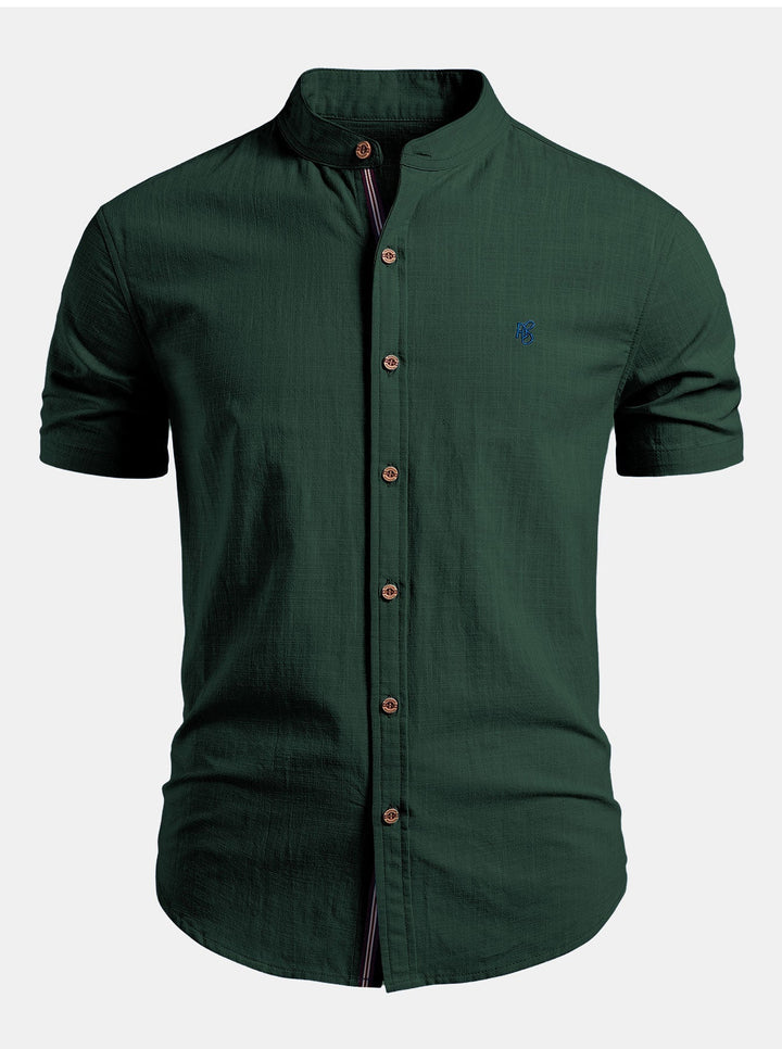Stand collar men's short sleeve shirt, tailored for a modern, minimal, and versatile smart casual style.