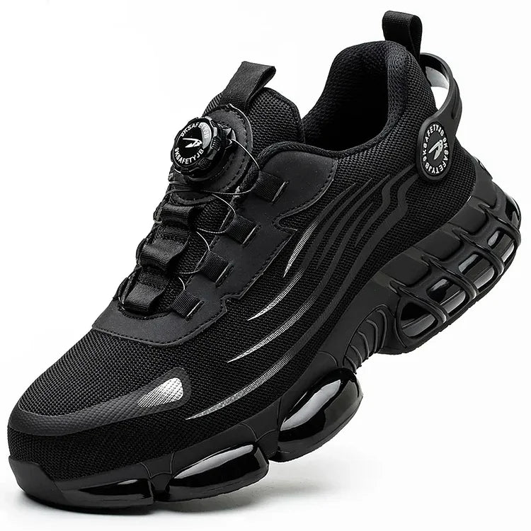 Protective men's steel toe footwear, lightweight and athletic for active industrial safety.