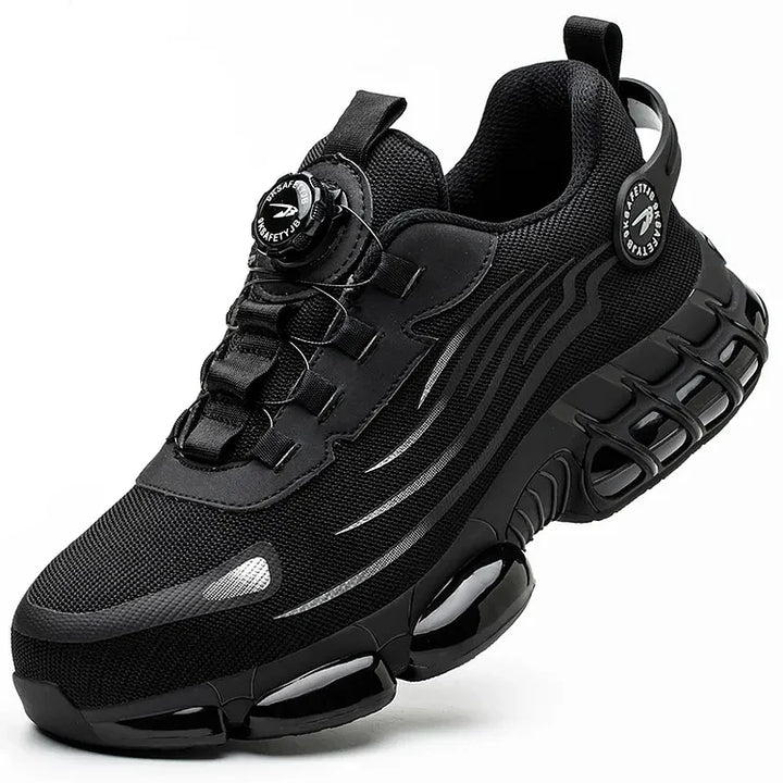 Protective men's steel toe footwear, lightweight and athletic for active industrial safety.