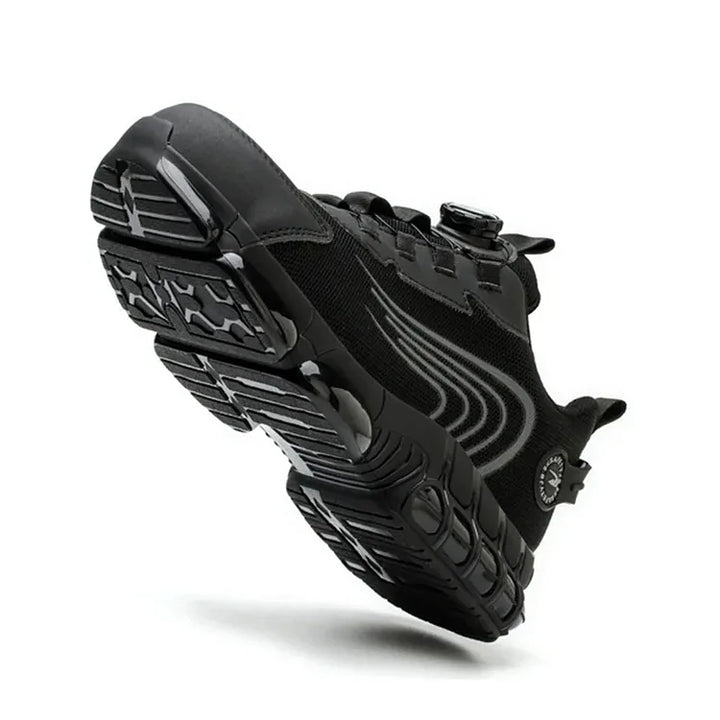 Men's outdoor work boots with steel toe, non-slip grip, offering puncture resistant protection.