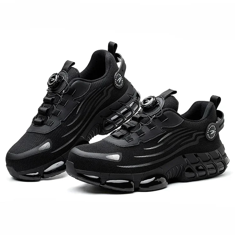 Industrial men's work boots with steel toe, non-slip, and robust for heavy-duty tasks.